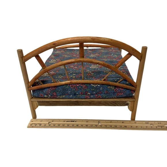 Handmade Miniature Bed With Blue Floral Mattress & Wooden Frame 10.5" x 6.5" x 9 - Picture 6 of 6